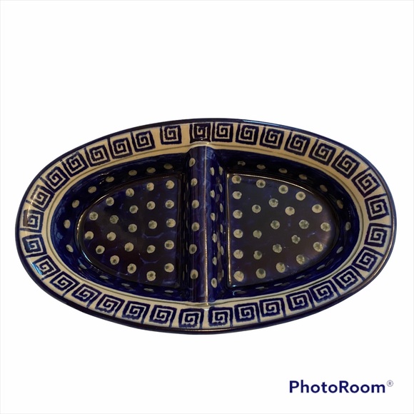 POLISH POTTERY DISH DIVIDED BLUE WHITE GREEN HOME SERVE WARE BOLESLAWIEC DINING - Picture 1 of 14
